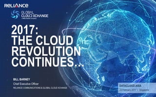 DATACLOUD ASIA
23 February 2017 / Singapore
BILL BARNEY
Chief Executive Officer
RELIANCE COMMUNICATIONS & GLOBAL CLOUD XCHANGE
2017:
THE CLOUD
REVOLUTION
CONTINUES…
 