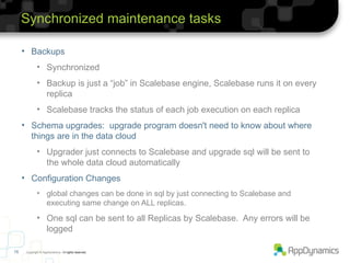 Synchronized maintenance tasks

     • Backups
             • Synchronized
             • Backup is just a “job” in Scaleb...