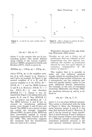 Data Clustering
X2

•

273

X2

C

C

B

B

A

D
FE

A

X1
Figure 4.
and C.

X1

A and B are more similar than A

Figure 5. After a change in context, B and C
are more similar than B and A.

s ͑ x i, x j͒ ϭ f ͑ x i, x j, Ᏹ ͒ ,

Watanabe’s theorem of the ugly duckling [Watanabe 1985] states:

where Ᏹ is the context (the set of surrounding points). One metric defined
using context is the mutual neighbor
distance (MND), proposed in Gowda and
Krishna [1977], which is given by

“Insofar as we use a finite set of
predicates that are capable of distinguishing any two objects considered, the number of predicates
shared by any two such objects is
constant,
independent
of
the
choice of objects.”

MND͑x i, x j͒ ϭ NN͑x i, x j͒ ϩ NN͑x j, x i͒,
where NN ͑ xi , xj ͒ is the neighbor number of xj with respect to xi . Figures 4
and 5 give an example. In Figure 4, the
nearest neighbor of A is B, and B’s
nearest neighbor is A. So, NN ͑ A, B ͒ ϭ
NN ͑ B, A ͒ ϭ 1 and the MND between
A and B is 2. However, NN ͑ B, C ͒ ϭ 1
but NN ͑ C, B ͒ ϭ 2 , and therefore
MND ͑ B, C ͒ ϭ 3. Figure 5 was obtained from Figure 4 by adding three new
points D, E, and F. Now MND ͑ B, C ͒
ϭ 3 (as before), but MND ͑ A, B ͒ ϭ 5 .
The MND between A and B has increased by introducing additional
points, even though A and B have not
moved. The MND is not a metric (it does
not satisfy the triangle inequality
[Zhang 1995]). In spite of this, MND has
been successfully applied in several
clustering applications [Gowda and Diday 1992]. This observation supports
the viewpoint that the dissimilarity
does not need to be a metric.

This implies that it is possible to
make any two arbitrary patterns
equally similar by encoding them with a
sufficiently large number of features. As
a consequence, any two arbitrary patterns are equally similar, unless we use
some additional domain information.
For example, in the case of conceptual
clustering [Michalski and Stepp 1983],
the similarity between xi and xj is defined as

s͑x i, x j͒ ϭ f͑x i, x j, Ꮿ, Ᏹ͒,
where Ꮿ is a set of pre-defined concepts.
This notion is illustrated with the help
of Figure 6. Here, the Euclidean distance between points A and B is less
than that between B and C. However, B
and C can be viewed as “more similar”
than A and B because B and C belong to
the same concept (ellipse) and A belongs
to a different concept (rectangle). The
conceptual similarity measure is the
most general similarity measure. We
ACM Computing Surveys, Vol. 31, No. 3, September 1999

 