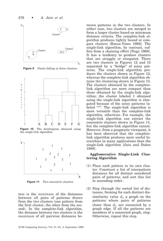 276

•

A. Jain et al.

X2
F

G

Cluster3

Cluster2

Cluster1

C
B

DE

A
X1

Points falling in three clusters.

Figure 9.

S
i
m
i
l
a
r
i
t
y

A

B

C

D

E

F

G

Figure 10. The dendrogram obtained using
the single-link algorithm.

Y
1
1

1
2
1

2
2

2

1

Agglomerative Single-Link Clustering Algorithm

1
2
1

2

1

1
X

Figure 11.

tween patterns in the two clusters. In
either case, two clusters are merged to
form a larger cluster based on minimum
distance criteria. The complete-link algorithm produces tightly bound or compact clusters [Baeza-Yates 1992]. The
single-link algorithm, by contrast, suffers from a chaining effect [Nagy 1968].
It has a tendency to produce clusters
that are straggly or elongated. There
are two clusters in Figures 12 and 13
separated by a “bridge” of noisy patterns. The single-link algorithm produces the clusters shown in Figure 12,
whereas the complete-link algorithm obtains the clustering shown in Figure 13.
The clusters obtained by the completelink algorithm are more compact than
those obtained by the single-link algorithm; the cluster labeled 1 obtained
using the single-link algorithm is elongated because of the noisy patterns labeled “*”. The single-link algorithm is
more versatile than the complete-link
algorithm, otherwise. For example, the
single-link algorithm can extract the
concentric clusters shown in Figure 11,
but the complete-link algorithm cannot.
However, from a pragmatic viewpoint, it
has been observed that the completelink algorithm produces more useful hierarchies in many applications than the
single-link algorithm [Jain and Dubes
1988].

Two concentric clusters.

ters is the minimum of the distances
between all pairs of patterns drawn
from the two clusters (one pattern from
the first cluster, the other from the second). In the complete-link algorithm,
the distance between two clusters is the
maximum of all pairwise distances beACM Computing Surveys, Vol. 31, No. 3, September 1999

(1) Place each pattern in its own cluster. Construct a list of interpattern
distances for all distinct unordered
pairs of patterns, and sort this list
in ascending order.
(2) Step through the sorted list of distances, forming for each distinct dissimilarity value d k a graph on the
patterns where pairs of patterns
closer than d k are connected by a
graph edge. If all the patterns are
members of a connected graph, stop.
Otherwise, repeat this step.

 