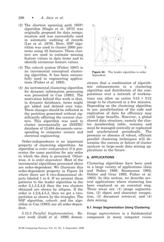 296

•

A. Jain et al.

(2) The shortest spanning path (SSP)
algorithm [Slagle et al. 1975] was
originally proposed for data reorganization and was successfully used
in automatic auditing of records
[Lee et al. 1978]. Here, SSP algorithm was used to cluster 2000 patterns using 18 features. These clusters are used to estimate missing
feature values in data items and to
identify erroneous feature values.
(3) The cobweb system [Fisher
an incremental conceptual
ing algorithm. It has been
fully used in engineering
tions [Fisher et al. 1993].

1987] is
clustersuccessapplica-

(4) An incremental clustering algorithm
for dynamic information processing
was presented in Can [1993]. The
motivation behind this work is that,
in dynamic databases, items might
get added and deleted over time.
These changes should be reflected in
the partition generated without significantly affecting the current clusters. This algorithm was used to
cluster incrementally an INSPEC
database of 12,684 documents corresponding to computer science and
electrical engineering.
Order-independence is an important
property of clustering algorithms. An
algorithm is order-independent if it generates the same partition for any order
in which the data is presented. Otherwise, it is order-dependent. Most of the
incremental algorithms presented above
are order-dependent. We illustrate this
order-dependent property in Figure 24
where there are 6 two-dimensional objects labeled 1 to 6. If we present these
patterns to the leader algorithm in the
order 2,1,3,5,4,6 then the two clusters
obtained are shown by ellipses. If the
order is 1,2,6,4,5,3, then we get a twopartition as shown by the triangles. The
SSP algorithm, cobweb, and the algorithm in Can [1993] are all order-dependent.
5.12.3 Parallel Implementation. Recent work [Judd et al. 1996] demonACM Computing Surveys, Vol. 31, No. 3, September 1999

Y

3

4

5

2

1

6
X

Figure 24. The leader algorithm is order
dependent.

strates that a combination of algorithmic enhancements to a clustering
algorithm and distribution of the computations over a network of workstations can allow an entire 512 ϫ 512
image to be clustered in a few minutes.
Depending on the clustering algorithm
in use, parallelization of the code and
replication of data for efficiency may
yield large benefits. However, a global
shared data structure, namely the cluster membership table, remains and
must be managed centrally or replicated
and synchronized periodically. The
presence or absence of robust, efficient
parallel clustering techniques will determine the success or failure of cluster
analysis in large-scale data mining applications in the future.
6. APPLICATIONS

Clustering algorithms have been used
in a large variety of applications [Jain
and Dubes 1988; Rasmussen 1992;
Oehler and Gray 1995; Fisher et al.
1993]. In this section, we describe several applications where clustering has
been employed as an essential step.
These areas are: (1) image segmentation, (2) object and character recognition, (3) document retrieval, and (4)
data mining.
6.1 Image Segmentation Using Clustering

Image segmentation is a fundamental
component in many computer vision

 