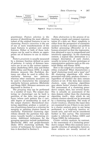 Data Clustering
Patterns

Feature
Selection/
Extraction

Pattern

Interpattern
Similarity

Representations

Grouping

•

267

Clusters

feedback loop

Figure 2.

Stages in clustering.

practitioner. Feature selection is the
process of identifying the most effective
subset of the original features to use in
clustering. Feature extraction is the use
of one or more transformations of the
input features to produce new salient
features. Either or both of these techniques can be used to obtain an appropriate set of features to use in clustering.
Pattern proximity is usually measured
by a distance function defined on pairs
of patterns. A variety of distance measures are in use in the various communities [Anderberg 1973; Jain and Dubes
1988; Diday and Simon 1976]. A simple
distance measure like Euclidean distance can often be used to reflect dissimilarity
between
two
patterns,
whereas other similarity measures can
be used to characterize the conceptual
similarity between patterns [Michalski
and Stepp 1983]. Distance measures are
discussed in Section 4.
The grouping step can be performed
in a number of ways. The output clustering (or clusterings) can be hard (a
partition of the data into groups) or
fuzzy (where each pattern has a variable degree of membership in each of
the output clusters). Hierarchical clustering algorithms produce a nested series of partitions based on a criterion for
merging or splitting clusters based on
similarity. Partitional clustering algorithms identify the partition that optimizes (usually locally) a clustering criterion. Additional techniques for the
grouping operation include probabilistic
[Brailovski 1991] and graph-theoretic
[Zahn 1971] clustering methods. The
variety of techniques for cluster formation is described in Section 5.

Data abstraction is the process of extracting a simple and compact representation of a data set. Here, simplicity is
either from the perspective of automatic
analysis (so that a machine can perform
further processing efficiently) or it is
human-oriented (so that the representation obtained is easy to comprehend and
intuitively appealing). In the clustering
context, a typical data abstraction is a
compact description of each cluster,
usually in terms of cluster prototypes or
representative patterns such as the centroid [Diday and Simon 1976].
How is the output of a clustering algorithm evaluated? What characterizes a
‘good’ clustering result and a ‘poor’ one?
All clustering algorithms will, when
presented with data, produce clusters —
regardless of whether the data contain
clusters or not. If the data does contain
clusters, some clustering algorithms
may obtain ‘better’ clusters than others.
The assessment of a clustering procedure’s output, then, has several facets.
One is actually an assessment of the
data domain rather than the clustering
algorithm itself— data which do not
contain clusters should not be processed
by a clustering algorithm. The study of
cluster tendency, wherein the input data
are examined to see if there is any merit
to a cluster analysis prior to one being
performed, is a relatively inactive research area, and will not be considered
further in this survey. The interested
reader is referred to Dubes [1987] and
Cheng [1995] for information.
Cluster validity analysis, by contrast,
is the assessment of a clustering procedure’s output. Often this analysis uses a
specific criterion of optimality; however,
these criteria are usually arrived at
ACM Computing Surveys, Vol. 31, No. 3, September 1999

 