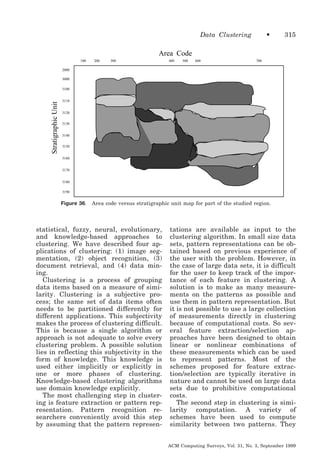 Data Clustering

•

315

Area Code
100

200

300

400

500

600

700

2000
3000

Stratigraphic Unit

3100
3110
3120
3130
3140
3150
3160
3170
3180
3190

Figure 36.

Area code versus stratigraphic unit map for part of the studied region.

statistical, fuzzy, neural, evolutionary,
and knowledge-based approaches to
clustering. We have described four applications of clustering: (1) image segmentation, (2) object recognition, (3)
document retrieval, and (4) data mining.
Clustering is a process of grouping
data items based on a measure of similarity. Clustering is a subjective process; the same set of data items often
needs to be partitioned differently for
different applications. This subjectivity
makes the process of clustering difficult.
This is because a single algorithm or
approach is not adequate to solve every
clustering problem. A possible solution
lies in reflecting this subjectivity in the
form of knowledge. This knowledge is
used either implicitly or explicitly in
one or more phases of clustering.
Knowledge-based clustering algorithms
use domain knowledge explicitly.
The most challenging step in clustering is feature extraction or pattern representation. Pattern recognition researchers conveniently avoid this step
by assuming that the pattern represen-

tations are available as input to the
clustering algorithm. In small size data
sets, pattern representations can be obtained based on previous experience of
the user with the problem. However, in
the case of large data sets, it is difficult
for the user to keep track of the importance of each feature in clustering. A
solution is to make as many measurements on the patterns as possible and
use them in pattern representation. But
it is not possible to use a large collection
of measurements directly in clustering
because of computational costs. So several feature extraction/selection approaches have been designed to obtain
linear or nonlinear combinations of
these measurements which can be used
to represent patterns. Most of the
schemes proposed for feature extraction/selection are typically iterative in
nature and cannot be used on large data
sets due to prohibitive computational
costs.
The second step in clustering is similarity computation. A variety of
schemes have been used to compute
similarity between two patterns. They
ACM Computing Surveys, Vol. 31, No. 3, September 1999

 