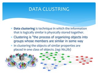  Data clustering is technique in which the information
that is logically similar is physically stored together.
 Clustering is “the process of organizing objects into
groups whose members are similar in some way
 In clustering the objects of similar properties are
placed in one class of objects. (eg: Nic,lib)
DATA CLUSTRING
 