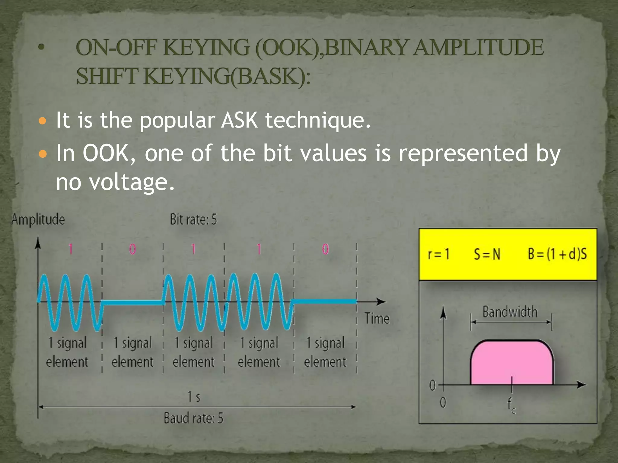  It is the popular ASK technique.
 In OOK, one of the bit values is represented by
no voltage.
 