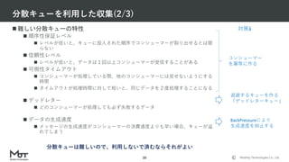 Mobility Technologies Co., Ltd.
 難しい分散キューの特性
 順序性保証レベル
 レベルが低いと、キューに投入された順序でコンシューマーが取り出せるとは限
らない
 信頼性レベル
 レベルが低いと、データは１回以上コンシューマーが受信することがある
 可視性タイムアウト
 コンシューマーが処理している間、他のコンシューマーには見せないようにする
時間
 タイムアウトが処理時間に対して短いと、同じデータを２度処理することになる
 デッドレター
 どのコンシューマーが処理しても必ず失敗するデータ
 データの生成速度
 メッセージの生成速度がコンシューマーの消費速度よりも早い場合、キューが溢
れてしまう
分散キューを利用した収集(2/3)
20
コンシューマー
を冪等に作る
退避するキューを作る
「デッドレターキュー」
BackPressureにより
生成速度を抑止する
対策å
分散キューは難しいので、利用しないで済むならそれがよい
 