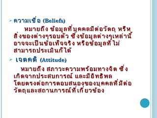 ความเชื่อ  (Beliefs) หมายถึง ข้อมูลที่บุคคลมีต่อวัตถุ หรืหสิ่งของต่างๆรอบตัว ซึ่งข้อมูลต่างๆเหล่านี้ อาจจะเป็นข้อเท็จจริง หรือข้อมูลที่ไม่สามารถประเมินก็ได้ เจตคติ  (Attitude) หมายถึง สภาวะความพร้อมทางจิต ซึ่งเกิดจากประสบการณ์ และมีอิทธิพลโดยตรงต่อการตอบสนองของบุคคลที่มีต่อวัตถุและสถานการณ์ที่เกี่ยวข้อง 