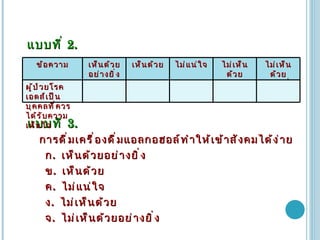 แบบที่  2. แบบที่  3. การดื่มเครื่องดื่มแอลกอฮอล์ทำให้เข้าสังคมได้ง่าย ก .  เห็นด้วยอย่างยิ่ง ข .  เห็นด้วย ค .  ไม่แน่ใจ ง .  ไม่เห็นด้วย จ .  ไม่เห็นด้วยอย่างยิ่ง ข้อความ เห็นด้วยอย่างยิ่ง เห็นด้วย ไม่แน่ใจ ไม่เห็นด้วย ไม่เห็นด้วย อย่างยิ่ง ผู้ป่วยโรคเอดส์เป็นบุคคลที่ควรได้รับความเห็นใจ 