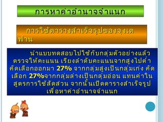 การหาค่าอำนาจจำแนก การใช้ตารางสำเร็จรูปของจุงเตฟาน นำแบบทดสอบไปใช้กับกลุ่มตัวอย่างแล้วตรวจให้คะแนน เรียงลำดับคะแนนจากสูงไปต่ำ คัดเลือกออกมา  27 %   จากกลุ่มสูงเป็นกลุ่มเก่ง คัดเลือก  27% จากกลุ่มล่างเป็นกลุ่มอ่อน แทนค่าในสูตรการใช้สัดส่วน จากนั้นเปิดตารางสำเร็จรูปเพื่อหาค่าอำนาจจำแนก 