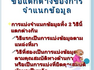ข้อแตกต่างของการจำแนกข้อมูล การแบ่งจำแนกข้อมูลทั้ง  2  วิธีนี้แตกต่างกัน  วิธีแรกเป็นการแบ่งข้อมูลตามแหล่งที่มา  วิธีที่สองเป็นการแบ่งข้อมูลตามคุณสมบัติทางด้านการวัด หรือเป็นการแบ่งที่ยึดคุณสมบัติข้อมูลเป็นหลัก 