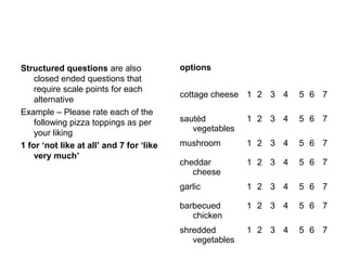 Structured questions are also             options
    closed ended questions that
    require scale points for each
                                          cottage cheese 1 2 3 4    5 6 7
    alternative
Example – Please rate each of the
    following pizza toppings as per       sautéd          1 2 3 4   5 6 7
                                             vegetables
    your liking
1 for ‘not like at all’ and 7 for ‘like   mushroom        1 2 3 4   5 6 7
    very much’
                                          cheddar         1 2 3 4   5 6 7
                                             cheese
                                          garlic          1 2 3 4   5 6 7

                                          barbecued       1 2 3 4   5 6 7
                                             chicken
                                          shredded        1 2 3 4   5 6 7
                                             vegetables
 