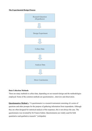 The Experimental Design Process
Data Collection Methods
There are many methods to collect data, depending on our research design and the methodologies
employed. Some of the common methods are questionnaires , interview and observation.
Questionnaires Method :- “A questionnaire is a research instrument consisting of a series of
questions and other prompts for the purpose of gathering information from respondents. Although
they are often designed for statistical analysis of the responses, this is not always the case. The
questionnaire was invented by Sir Francis Galton. Questionnaires are widely used for both
quantitative and qualitative research.” (wikipedia)
Research Question
(Hypothesis)
Design Experiment
Collect Data
Analyze Data
Drow Conclusions
 