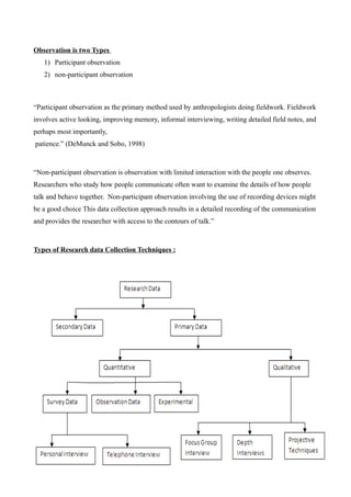Observation is two Types
1) Participant observation
2) non-participant observation
“Participant observation as the primary method used by anthropologists doing fieldwork. Fieldwork
involves active looking, improving memory, informal interviewing, writing detailed field notes, and
perhaps most importantly,
patience.” (DeMunck and Sobo, 1998)
“Non-participant observation is observation with limited interaction with the people one observes.
Researchers who study how people communicate often want to examine the details of how people
talk and behave together. Non-participant observation involving the use of recording devices might
be a good choice This data collection approach results in a detailed recording of the communication
and provides the researcher with access to the contours of talk.”
Types of Research data Collection Techniques :
 