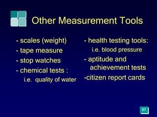 Other Measurement Tools
- scales (weight)
- tape measure
- stop watches
- chemical tests :
i.e. quality of water
- health testing tools:
i.e. blood pressure
- aptitude and
achievement tests
-citizen report cards
57
 