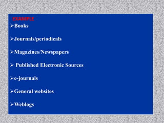 EXAMPLE
Books
Journals/periodicals
Magazines/Newspapers
 Published Electronic Sources
e-journals
General websites
Weblogs
 