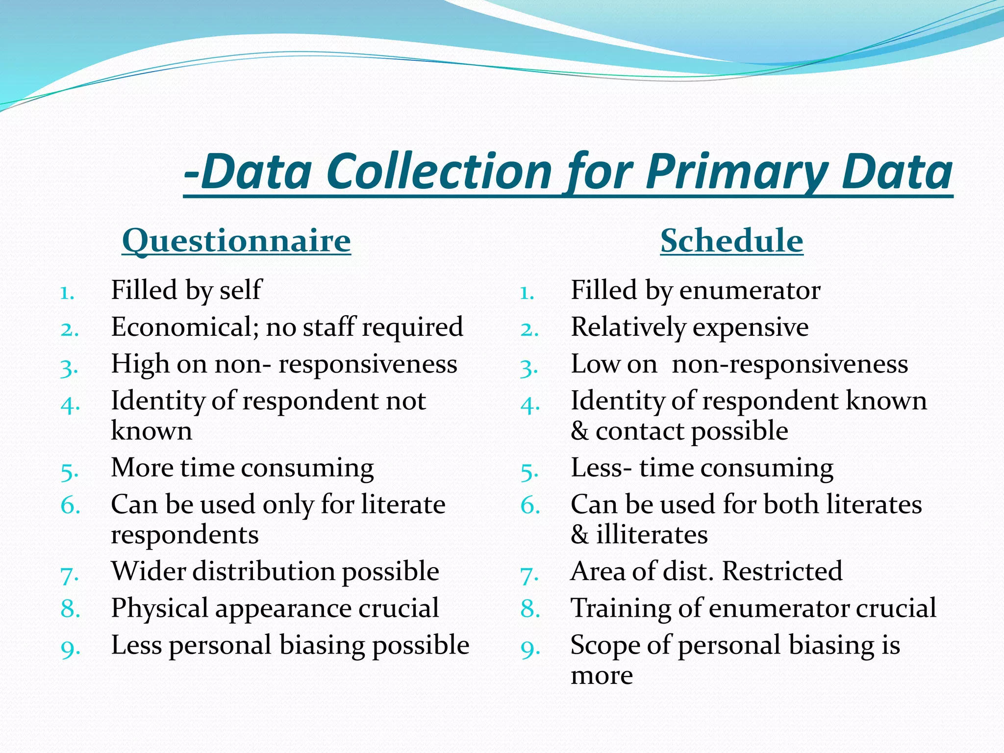 -Data Collection for Primary Data
Questionnaire Schedule
1. Filled by self
2. Economical; no staff required
3. High on non- responsiveness
4. Identity of respondent not
known
5. More time consuming
6. Can be used only for literate
respondents
7. Wider distribution possible
8. Physical appearance crucial
9. Less personal biasing possible
1. Filled by enumerator
2. Relatively expensive
3. Low on non-responsiveness
4. Identity of respondent known
& contact possible
5. Less- time consuming
6. Can be used for both literates
& illiterates
7. Area of dist. Restricted
8. Training of enumerator crucial
9. Scope of personal biasing is
more
 