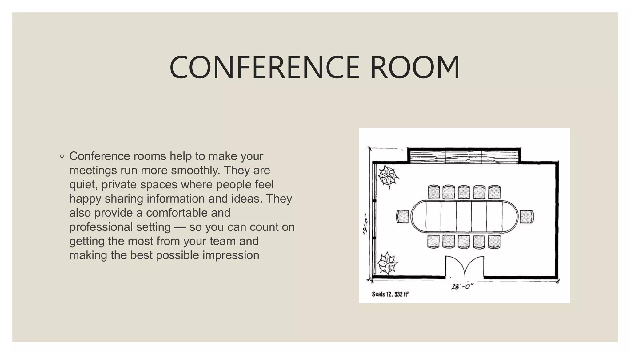 CONFERENCE ROOM
◦ Conference rooms help to make your
meetings run more smoothly. They are
quiet, private spaces where people feel
happy sharing information and ideas. They
also provide a comfortable and
professional setting — so you can count on
getting the most from your team and
making the best possible impression