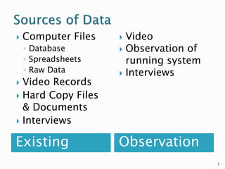 Existing Observation
 Computer Files
◦ Database
◦ Spreadsheets
◦ Raw Data
 Video Records
 Hard Copy Files
& Documents
 Interviews
 Video
 Observation of
running system
 Interviews
2
 