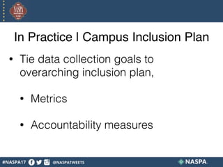 In Practice | Campus Inclusion Plan
• Tie data collection goals to
overarching inclusion plan,
• Metrics
• Accountability measures
 