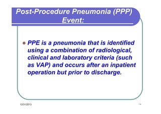 Post-Procedure Pneumonia (PPP)
Event:


PPE is a pneumonia that is identified
using a combination of radiological,
clinical and laboratory criteria (such
as VAP) and occurs after an inpatient
operation but prior to discharge.

12/31/2013

١٨

 