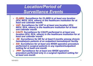 Location/Period of
Surveillance Events











CLABSI: Surveillance for CLABSI in at least one location
(ICU, NICU, SCA, others) in the healthcare institution for at
least one calendar month.
VAP: Surveillance for VAP in at least one location (ICU,
NICU, SCA, others) in the healthcare institution for at least
one calendar month
CAUTI: Surveillance for CAUTI performed in at least one
location (ICU, SCA, others) in the healthcare institution for at
least one calendar month
DE: Surveillance for DE for at least 6 months among chronic
hemodialysis patients at an outpatient hemodialysis facility
SSI: Surveillance for at least one NHSN operative procedure
performed in surgical patients in any inpatient/outpatient
setting for at least one month
PPP: Surveillance for at least one NHSN operative
procedure performed only in a surgical inpatient setting for
at least one month

12/31/2013

١٩

 