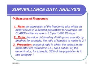 SURVEILLANCE DATA ANALYSIS
 Measures of Frequency:
1. Rate: an expression of the frequency with which an
event occurs in a defined population; for example, the
CLABSI incidence rate is 5.3 per 1,000 CL-days
2. Ratio: the value obtained by dividing one quantity by
another; for example, the ratio of females to males is 2:1
3. Proportion: a type of ratio in which the values in the
numerator are included in(i.e., are a subset of) the
denominator; for example, 33% of the population is in
risk category 1
12/31/2013

٢٩

 