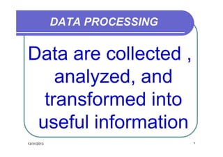 DATA PROCESSING

Data are collected ,
analyzed, and
transformed into
useful information
12/31/2013

٣

 