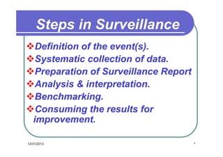 Steps in Surveillance
Definition of the event(s).
Systematic collection of data.
Preparation of Surveillance Report
Analysis & interpretation.
Benchmarking.
Consuming the results for
improvement.
12/31/2013

٩

 