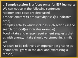 v Sample session 1: a focus on as for ESP learners: 
We can notice in the following sentences--- 
Maintenance costs are decreased 
proportionately as productivity rises(as indicates 
time) 
Complex activity which includes such actions as the 
search for food(as indicates example) 
Food intake and energy requirement suggests that 
as with energy, intake should vary(meaning similar 
to) 
Appears to be relatively unimportant in grazing as 
animals will graze in the dark and(expressing a 
reason) 
 