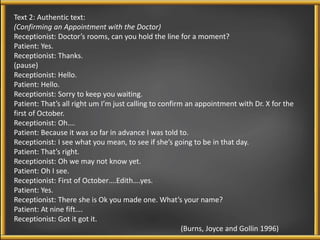 Text 2: Authentic text: 
(Confirming an Appointment with the Doctor) 
Receptionist: Doctor’s rooms, can you hold the line for a moment? 
Patient: Yes. 
Receptionist: Thanks. 
(pause) 
Receptionist: Hello. 
Patient: Hello. 
Receptionist: Sorry to keep you waiting. 
Patient: That’s all right um I’m just calling to confirm an appointment with Dr. X for the 
first of October. 
Receptionist: Oh…. 
Patient: Because it was so far in advance I was told to. 
Receptionist: I see what you mean, to see if she’s going to be in that day. 
Patient: That’s right. 
Receptionist: Oh we may not know yet. 
Patient: Oh I see. 
Receptionist: First of October….Edith….yes. 
Patient: Yes. 
Receptionist: There she is Ok you made one. What’s your name? 
Patient: At nine fift…. 
Receptionist: Got it got it. 
(Burns, Joyce and Gollin 1996) 
 