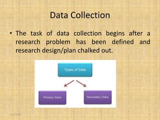 Data Collection
• The task of data collection begins after a
research problem has been defined and
research design/plan chalked out.
12/3/2019 3
 