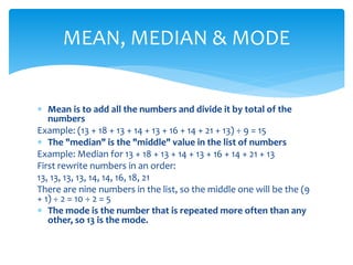  Mean is to add all the numbers and divide it by total of the
numbers
Example: (13 + 18 + 13 + 14 + 13 + 16 + 14 + 21 + 13) ÷ 9 = 15
 The "median" is the "middle" value in the list of numbers
Example: Median for 13 + 18 + 13 + 14 + 13 + 16 + 14 + 21 + 13
First rewrite numbers in an order:
13, 13, 13, 13, 14, 14, 16, 18, 21
There are nine numbers in the list, so the middle one will be the (9
+ 1) ÷ 2 = 10 ÷ 2 = 5
 The mode is the number that is repeated more often than any
other, so 13 is the mode.
MEAN, MEDIAN & MODE
 