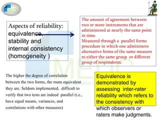 Aspects of reliability:
equivalence,
stability and
internal consistency
(homogeneity )
The amount of agreement between
two or more instruments that are
administered at nearly the same point
in time.
Measured through a parallel forms
procedure in which one administers
alternative forms of the same measure
to either the same group or different
group of respondents.
The higher the degree of correlation
between the two forms, the more equivalent
they are. Seldom implemented, difficult to
verify that two tests are indeed parallel (i.e.,
have equal means, variances, and
correlations with other measures)
Equivalence is
demonstrated by
assessing inter-rater
reliability which refers to
the consistency with
which observers or
raters make judgments.
 