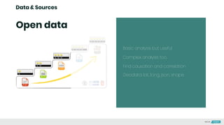 Data & Sources
Open data
Basic analysis but useful
Complex analysis too
Find causation and correlation
Geodata: lat., long, json, shape
Made with
 