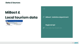 Link
Data & Sources
MiBact &
Local tourism data Mibact- statistics department
Regional Apt
Example: Apt Basilicata
Made with
 