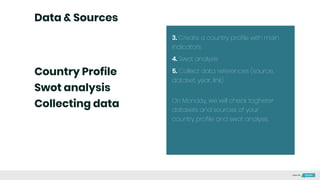 3. Create a country profile with main
indicators
Data & Sources
On Monday, we will check togheter
datasets and sources of your
country profile and swot analysis.
Country Profile
Swot analysis
Collecting data
4. Swot analysis
5. Collect data references (source,
dataset, year, link)
Made with
 