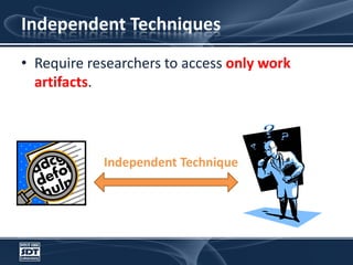 Independent Techniques Require researchers to access only work artifacts.Independent Technique
