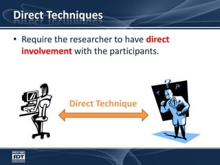 Direct Techniques Require the researcher to have direct involvement with the participants.Direct Technique
