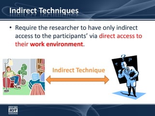 Indirect Techniques Require the researcher to have only indirect access to the participants’ via direct access to their work environment.Indirect Technique
