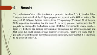 4- Result
The evaluation of data collection issues is presented in tables 2, 3, 4, 5 and 6. Table
2 reveals that not all of the Eclipse projects are present in the GIT repository. We
analyzed 85 different Eclipse projects from BT repository. We found 76 of them in
SCM repository, indicating that the issue 2.1 is rarely present. Furthermore, for 51
projects we managed to find release tags in SCM that correspond to release numbers
from BT. It shows the naming convention of releases are not always consistent and
that issue 2.2 could impact greater number of projects. Finally, we found that 37
projects are distributed in more than one sub-repository, showing that it is important
to be aware of issue 4.1.
 