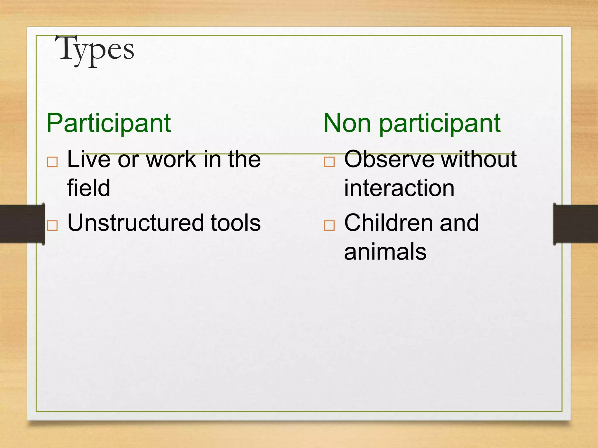 Types
Participant
 Live or work in the
field
 Unstructured tools
Non participant
 Observe without
interaction
 Children and
animals
 