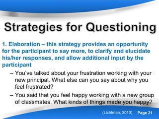 Powerpoint Templates Page 21
1. Elaboration – this strategy provides an opportunity
for the participant to say more, to clarify and elucidate
his/her responses, and allow additional input by the
participant
– You’ve talked about your frustration working with your
new principal. What else can you say about why you
feel frustrated?
– You said that you feel happy working with a new group
of classmates. What kinds of things made you happy?
(Lichtman, 2010)
 