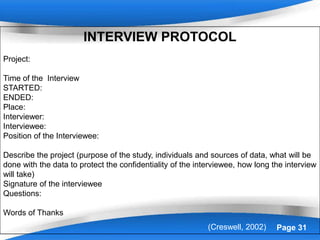 Powerpoint Templates Page 31(Creswell, 2002)
INTERVIEW PROTOCOL
Project:
Time of the Interview
STARTED:
ENDED:
Place:
Interviewer:
Interviewee:
Position of the Interviewee:
Describe the project (purpose of the study, individuals and sources of data, what will be
done with the data to protect the confidentiality of the interviewee, how long the interview
will take)
Signature of the interviewee
Questions:
Words of Thanks
 