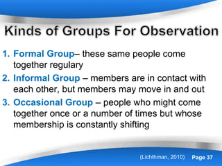Powerpoint Templates Page 37
1. Formal Group– these same people come
together regulary
2. Informal Group – members are in contact with
each other, but members may move in and out
3. Occasional Group – people who might come
together once or a number of times but whose
membership is constantly shifting
(Lichthman, 2010)
 