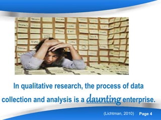 Powerpoint Templates Page 4
In qualitative research, the process of data
collection and analysis is a dauntingenterprise.
(Lichtman, 2010)
 