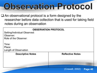 Powerpoint Templates Page 46
 An observational protocol is a form designed by the
researcher before data collection that is used for taking field
notes during an observation
OBSERVATION PROTOCOL
Setting/Individual Observed:
Observer:
Role of the Observer:
Time:
Place:
Length of Observation
Descriptive Notes Reflective Notes
(Crewell, 2002)
 
