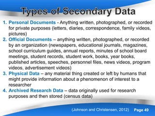 Powerpoint Templates Page 49(Johnson and Christensen, 2012)
1. Personal Documents - Anything written, photographed, or recorded
for private purposes (letters, diaries, correspondence, family videos,
pictures)
2. Official Documents – anything written, photographed, or recorded
by an organization (newspapers, educational journals, magazines,
school curriculum guides, annual reports, minutes of school board
meetings, student records, student work, books, year books,
published articles, speeches, personnel files, news videos, program
videos, advertisement videos)
3. Physical Data – any material thing created or left by humans that
might provide information about a phenomenon of interest to a
researcher
4. Archived Research Data – data originally used for research
purposes and then stored (census data)
 