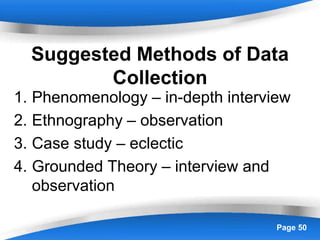 Powerpoint Templates Page 50
Suggested Methods of Data
Collection
1. Phenomenology – in-depth interview
2. Ethnography – observation
3. Case study – eclectic
4. Grounded Theory – interview and
observation
 