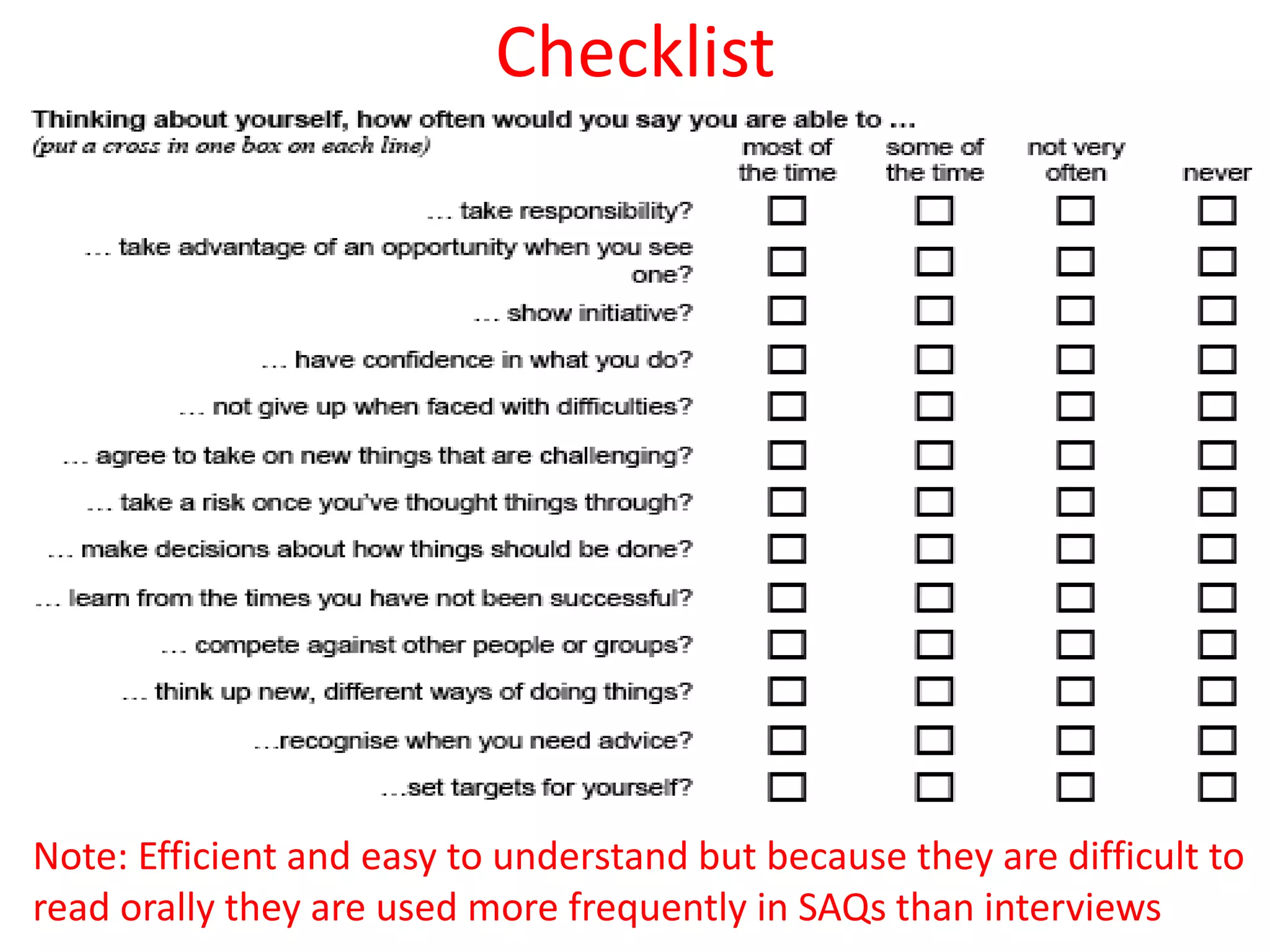Checklist
Note: Efficient and easy to understand but because they are difficult to
read orally they are used more frequently in SAQs than interviews
 