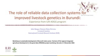 Better lives through livestock
The role of reliable data collection systems for
improved livestock genetics in Burundi:
Experience from ILRI ADGG program
Workshop on sustainable development of Burundi's dairy sector--Partners of the regional integrated
agricultural development in the great lakes (PRDAIGL) project workshop, Burundi, 2–3 November 2022
Julie Ojango, Chinyere Ekine-Dzivenu.
Livestock Genetics
International Livestock Research Institute (ILRI)
 